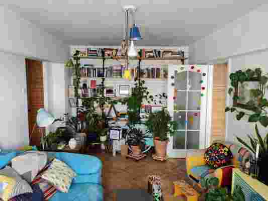 Multe plante, bibliotecă pe tot peretele și proiecte DIY într-un apartament colorat din Capitală